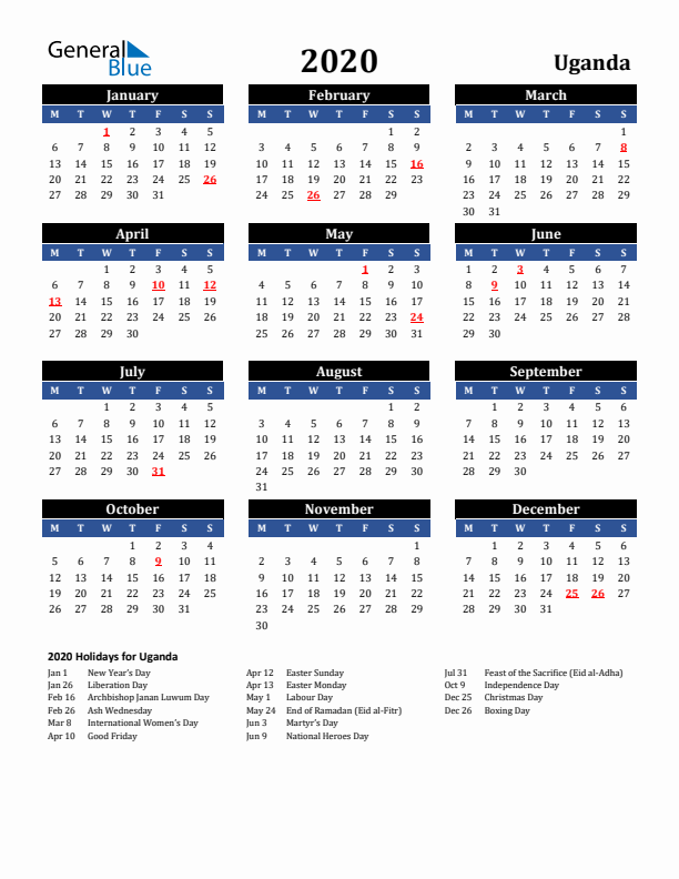 2020 Uganda Holiday Calendar