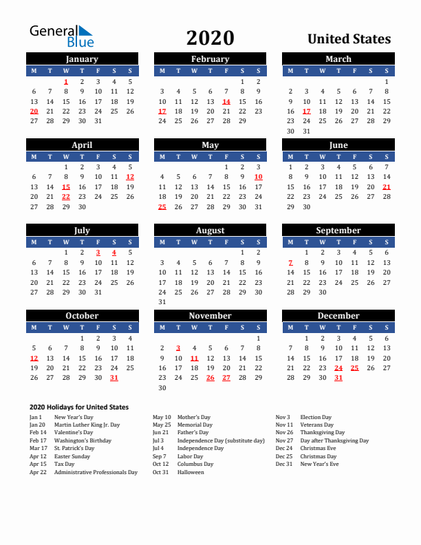 2020 United States Holiday Calendar