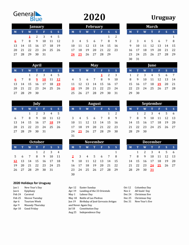 2020 Uruguay Holiday Calendar
