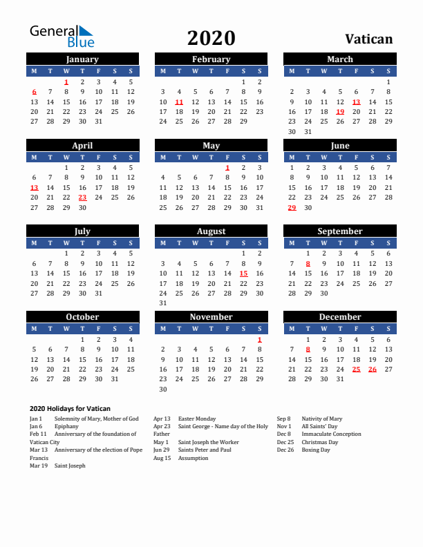 2020 Vatican Holiday Calendar