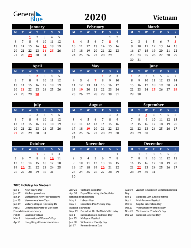 2020 Vietnam Holiday Calendar