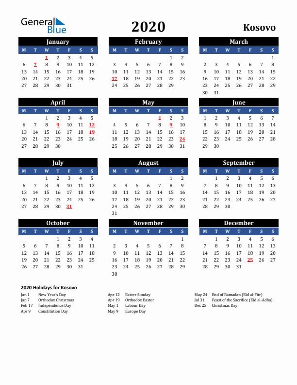2020 Kosovo Holiday Calendar