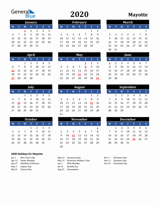 2020 Mayotte Holiday Calendar