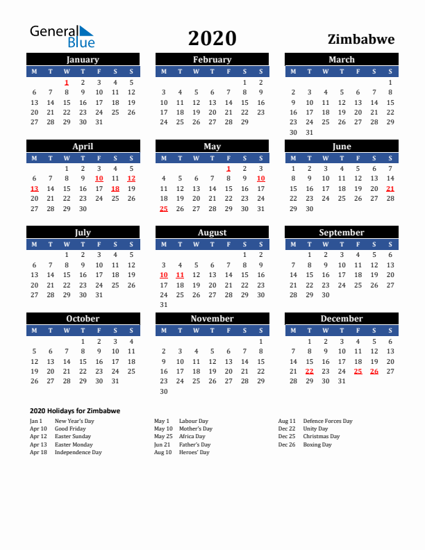 2020 Zimbabwe Holiday Calendar