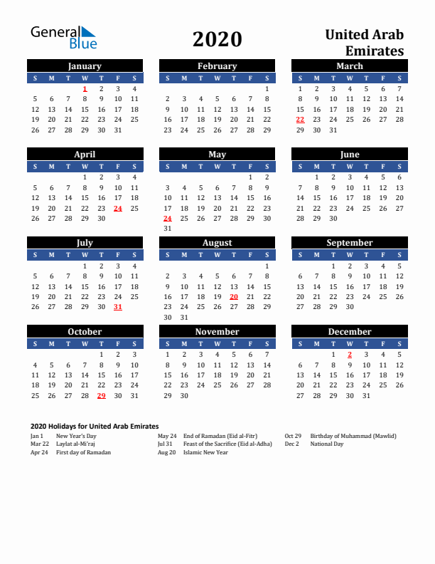 2020 United Arab Emirates Holiday Calendar