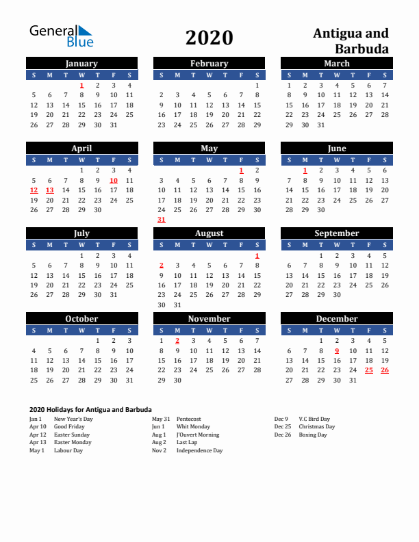 2020 Antigua and Barbuda Holiday Calendar