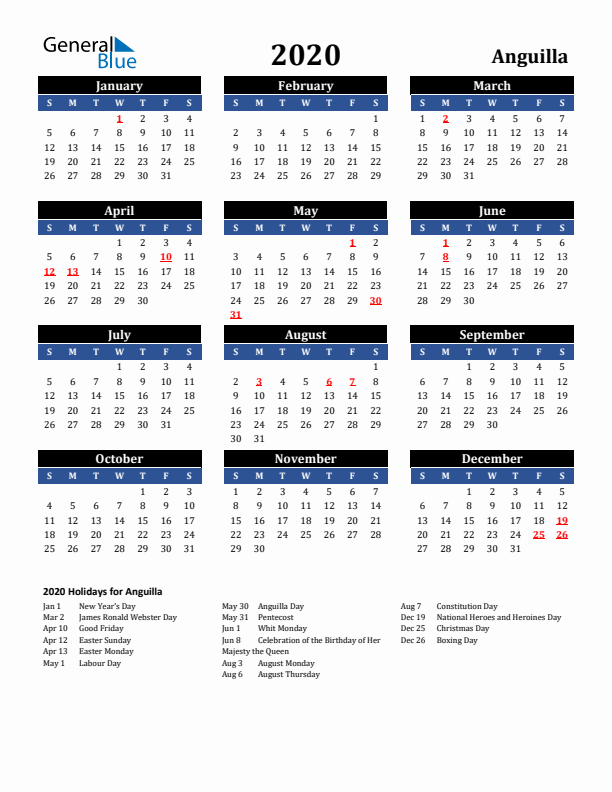2020 Anguilla Holiday Calendar