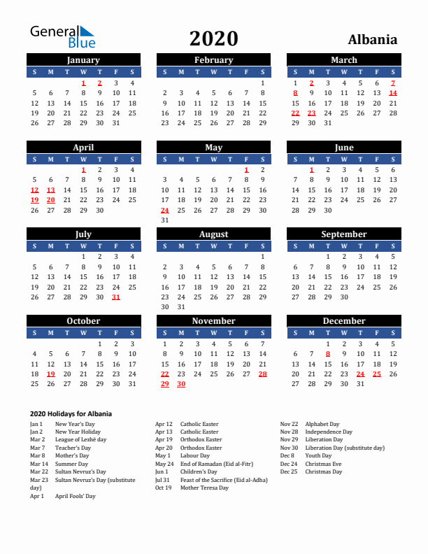 2020 Albania Holiday Calendar