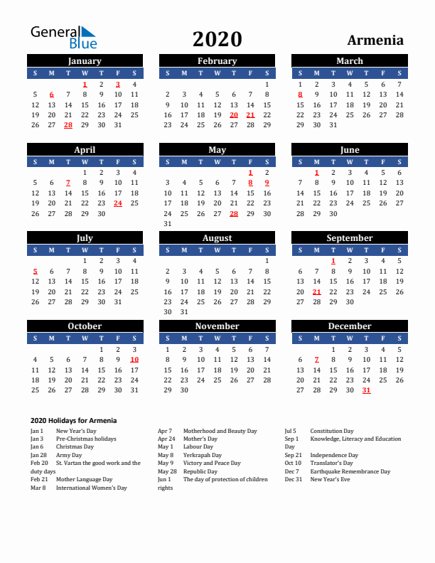 2020 Armenia Holiday Calendar