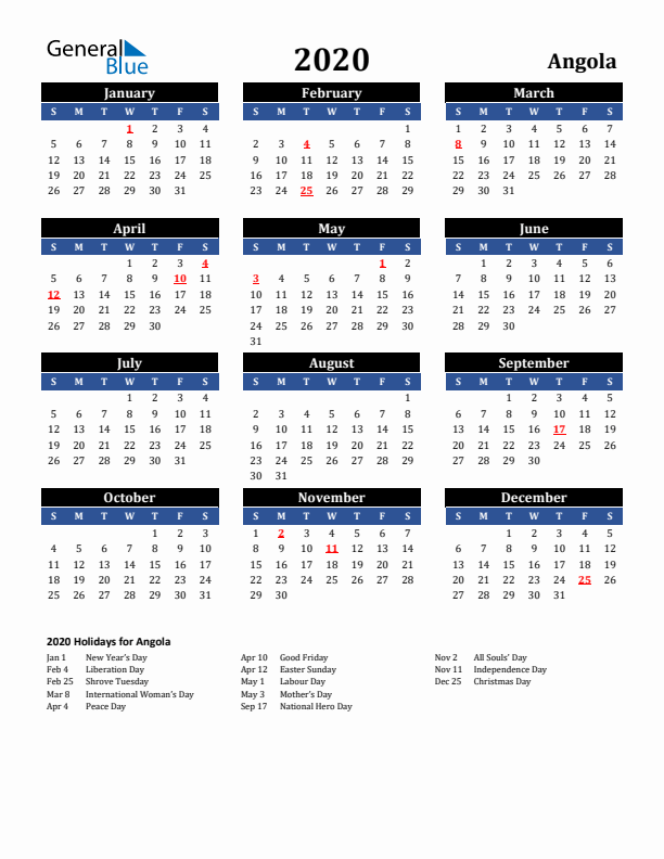 2020 Angola Holiday Calendar