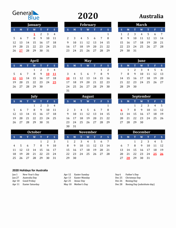 2020 Australia Holiday Calendar