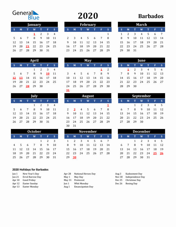 2020 Barbados Holiday Calendar
