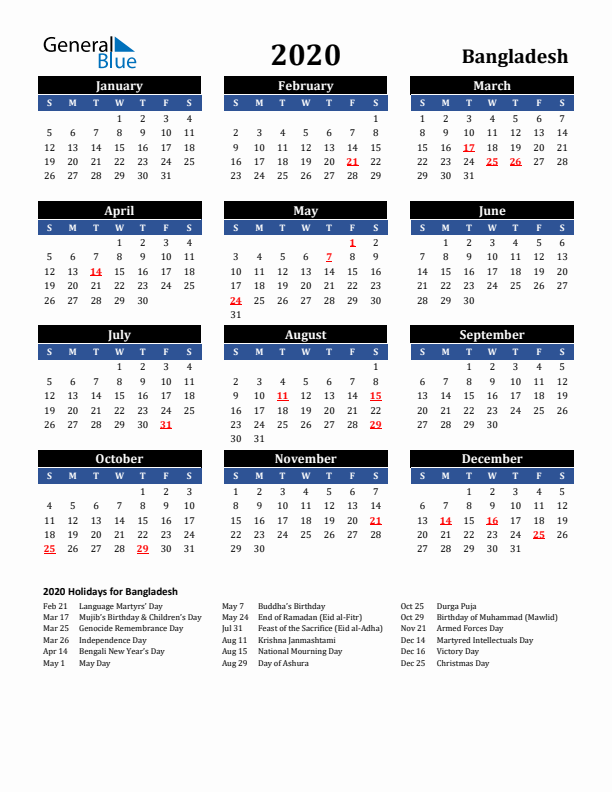 2020 Bangladesh Holiday Calendar