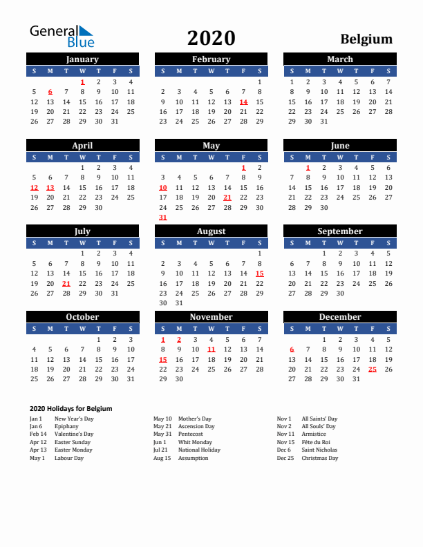 2020 Belgium Holiday Calendar
