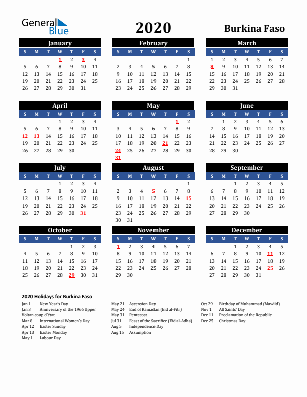 2020 Burkina Faso Holiday Calendar