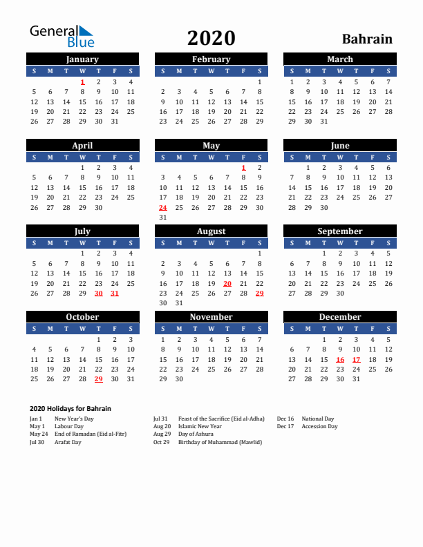 2020 Bahrain Holiday Calendar