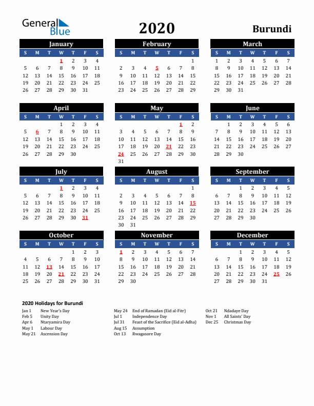 2020 Burundi Holiday Calendar