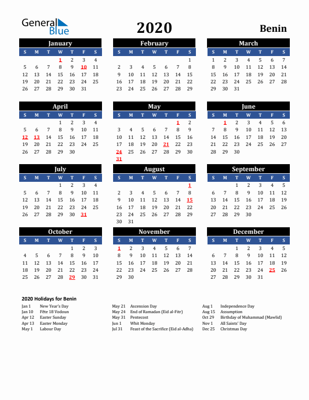 2020 Benin Holiday Calendar