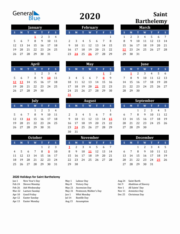 2020 Saint Barthelemy Holiday Calendar