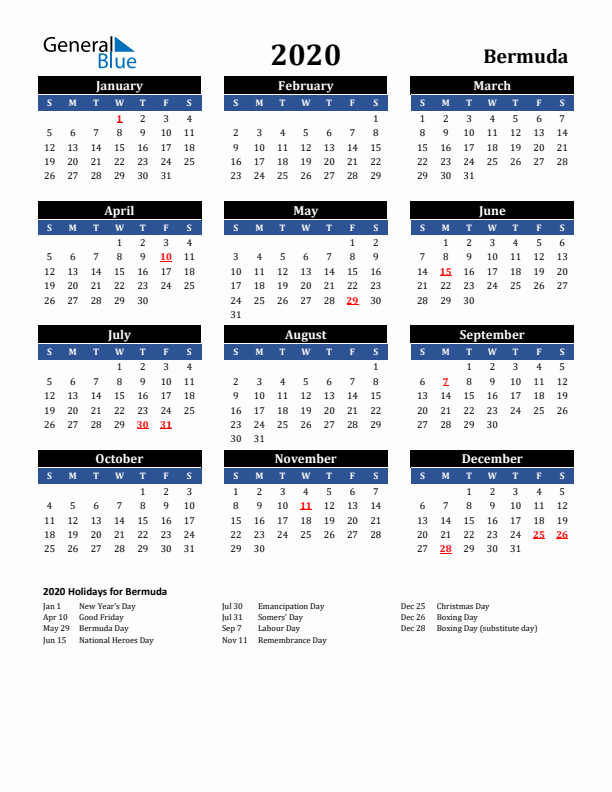 2020 Bermuda Holiday Calendar