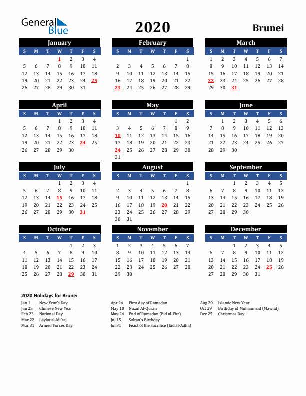 2020 Brunei Holiday Calendar
