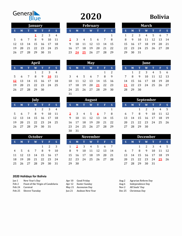 2020 Bolivia Holiday Calendar