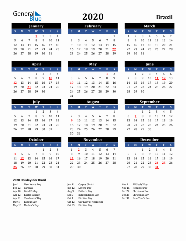 2020 Brazil Holiday Calendar