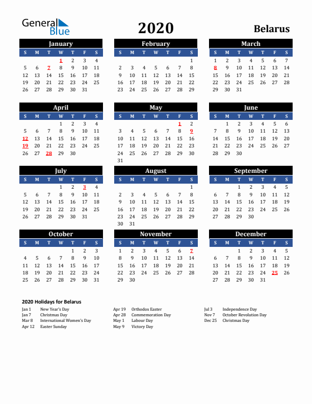 2020 Belarus Holiday Calendar