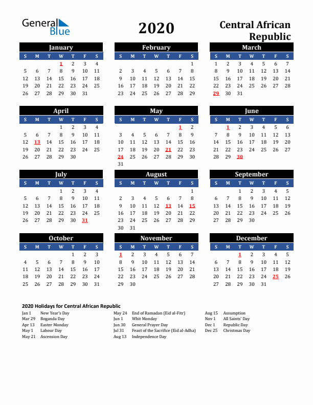 2020 Central African Republic Holiday Calendar