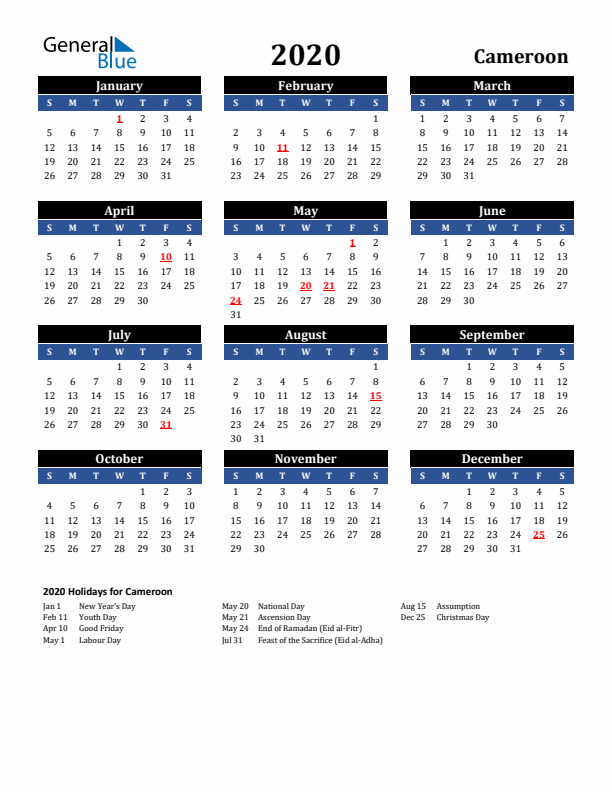 2020 Cameroon Holiday Calendar