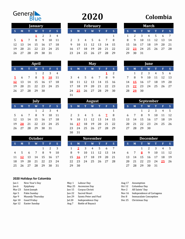 2020 Colombia Holiday Calendar