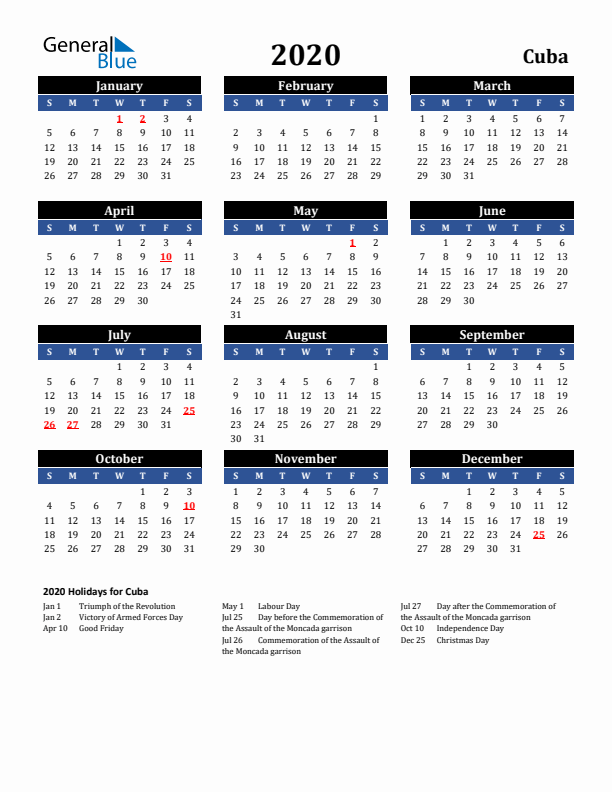 2020 Cuba Holiday Calendar