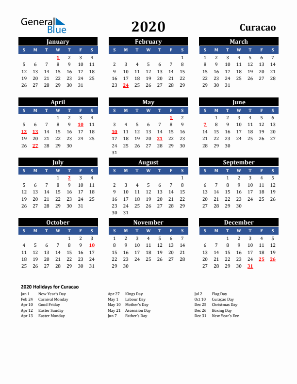 2020 Curacao Holiday Calendar