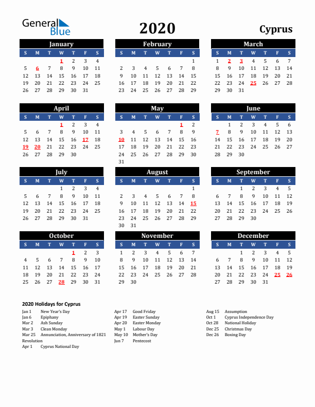 2020 Cyprus Holiday Calendar
