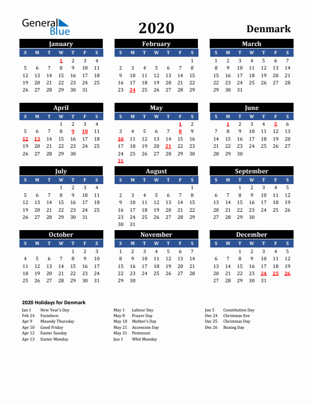 2020 Denmark Holiday Calendar