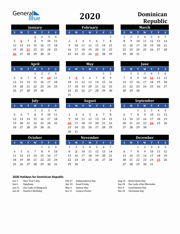 2020 Dominican Republic Holiday Calendar