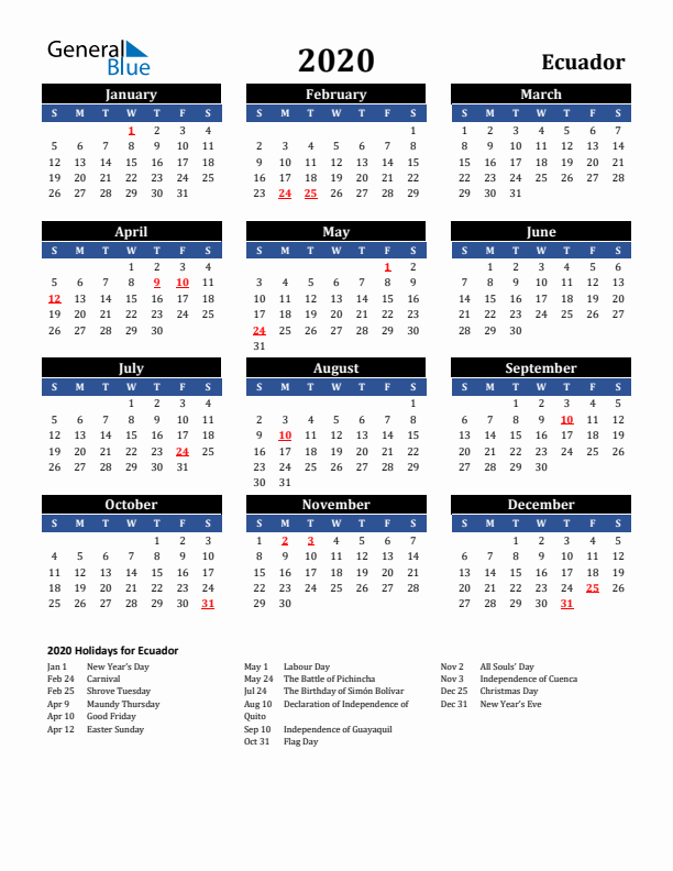 2020 Ecuador Holiday Calendar