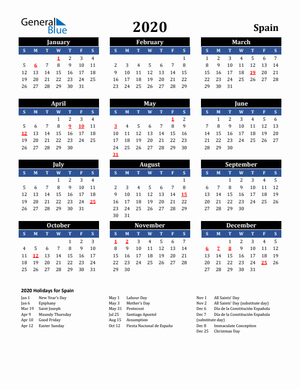 2020 Spain Holiday Calendar