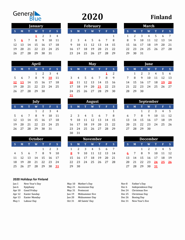 2020 Finland Holiday Calendar