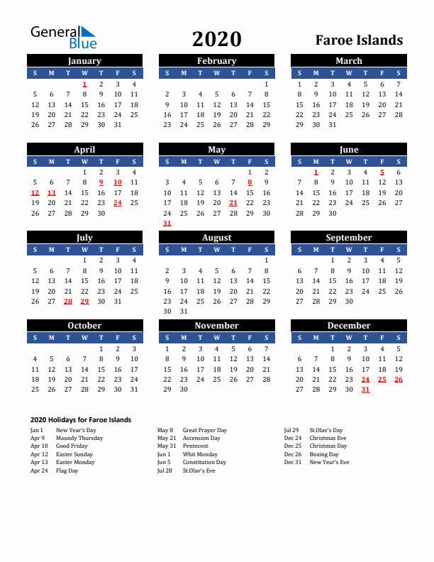 2020 Faroe Islands Holiday Calendar