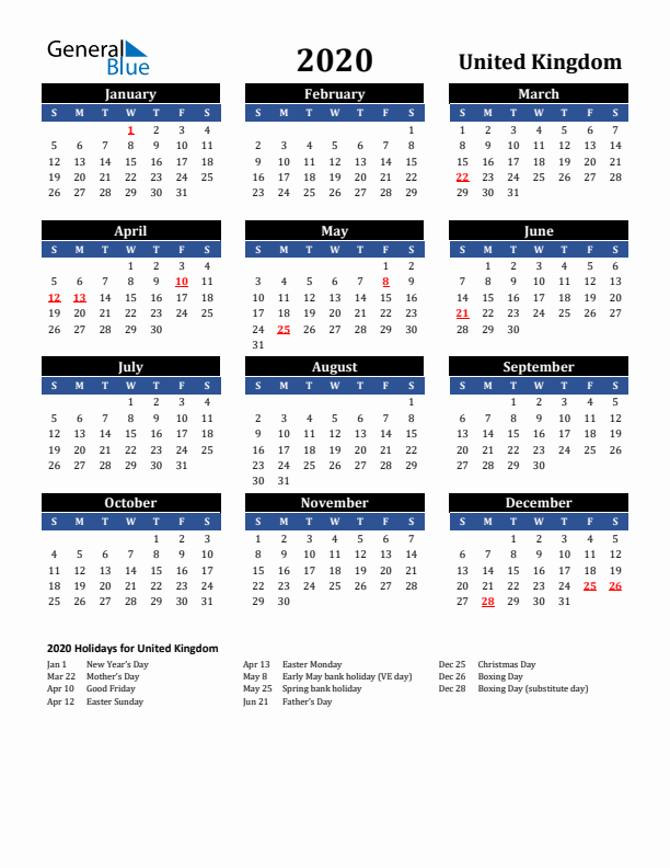 2020 United Kingdom Holiday Calendar