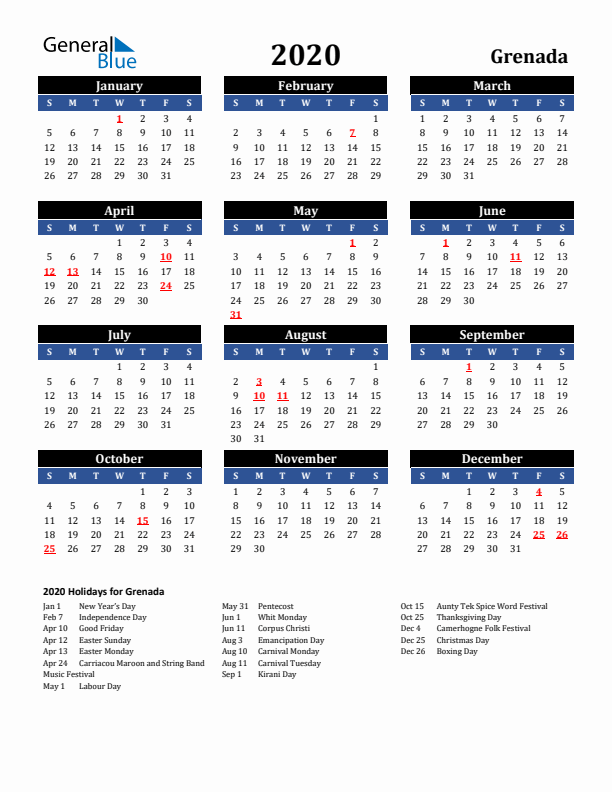 2020 Grenada Holiday Calendar