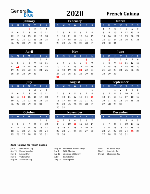 2020 French Guiana Holiday Calendar