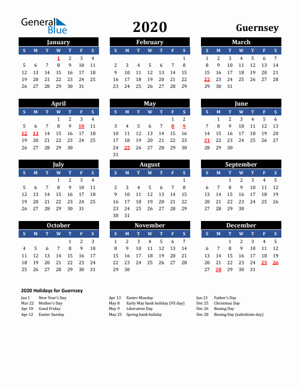 2020 Guernsey Holiday Calendar