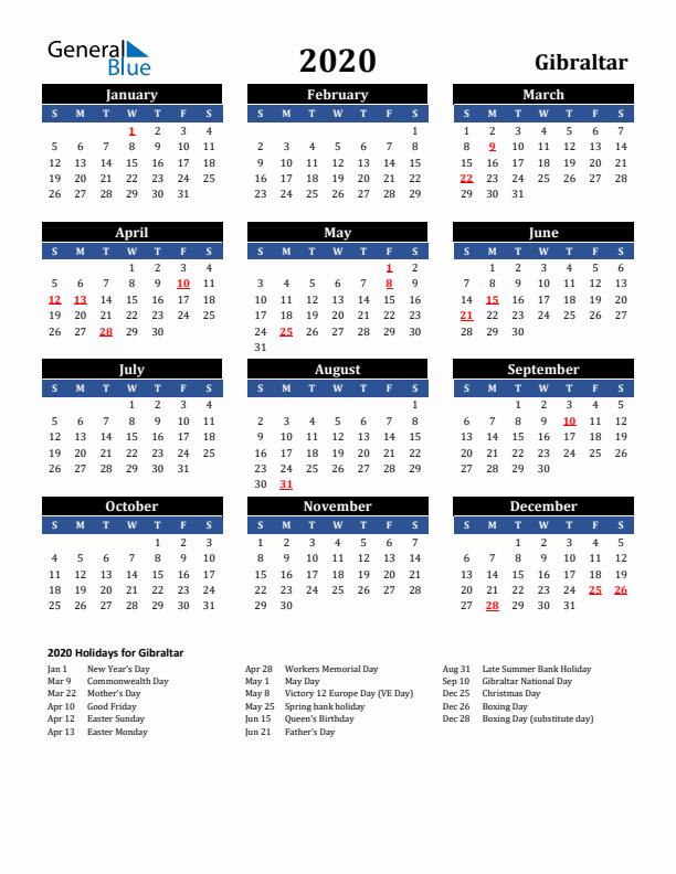 2020 Gibraltar Holiday Calendar