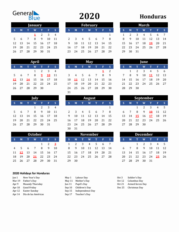 2020 Honduras Holiday Calendar