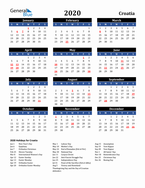 2020 Croatia Holiday Calendar