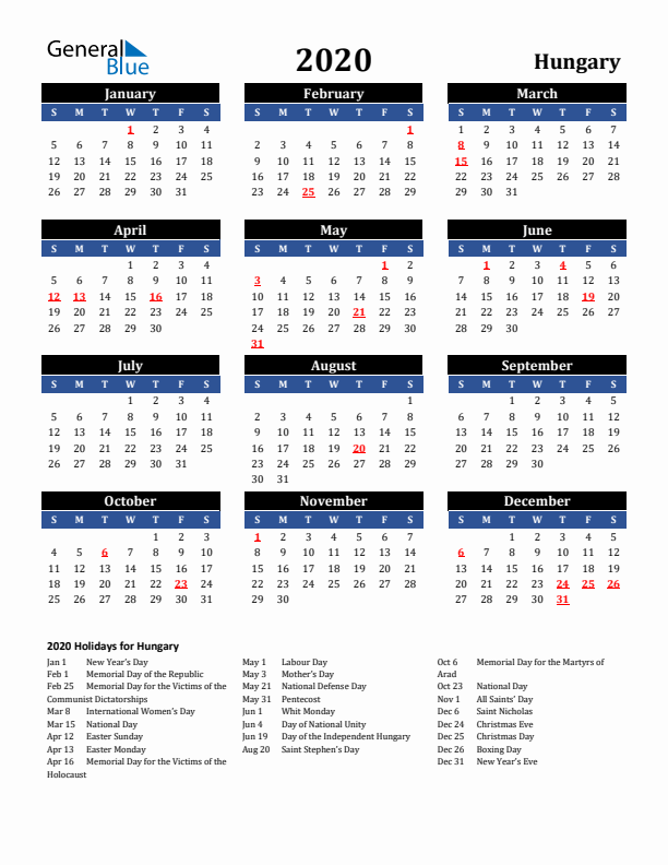 2020 Hungary Holiday Calendar