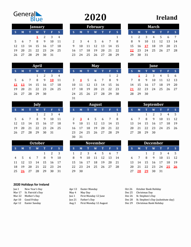 2020 Ireland Holiday Calendar