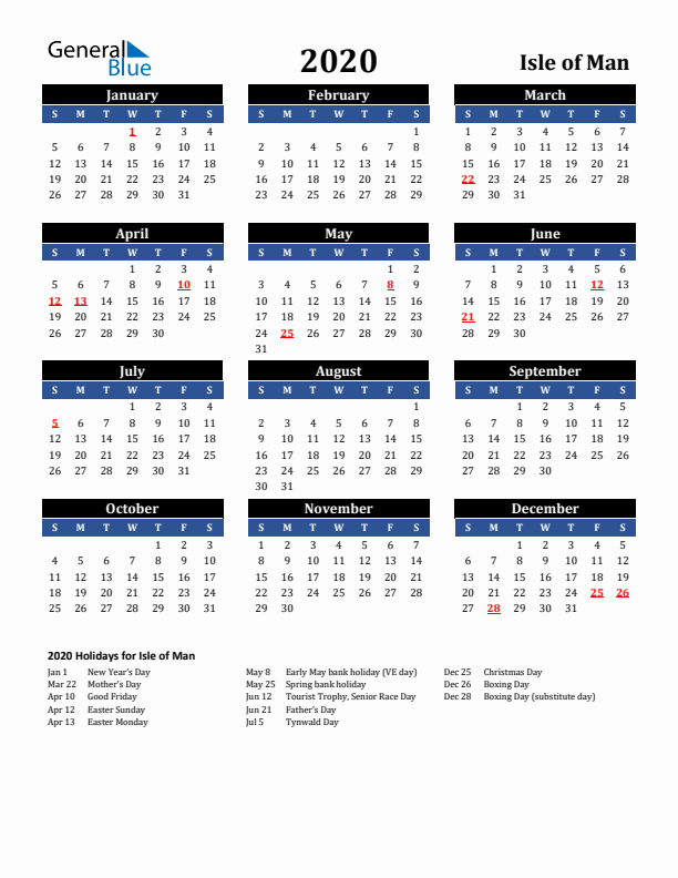 2020 Isle of Man Holiday Calendar